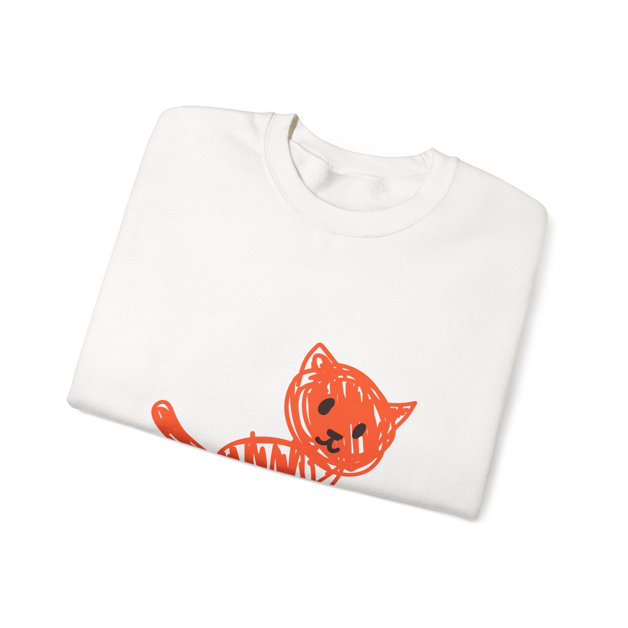 Crewneck Sweatshirt — Playful Orange Doodle Cat Graphic with Sleeve Text