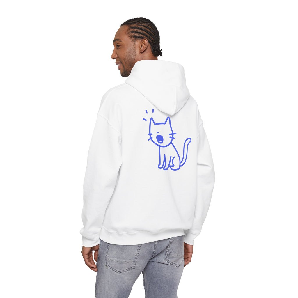 Cat Graphic Hoodie — Blue Cat Illustration with Japanese Sleeve Text