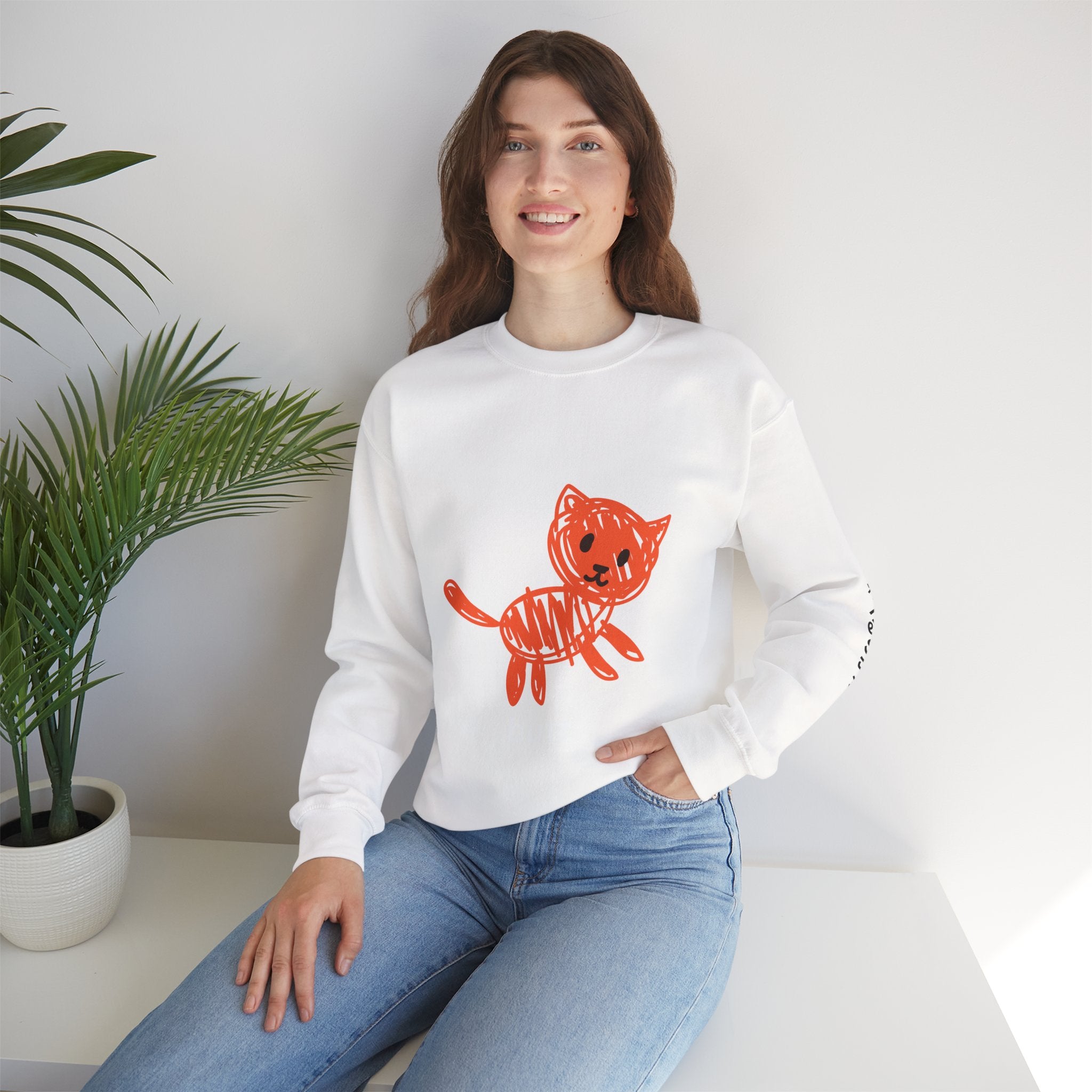 Crewneck Sweatshirt — Playful Orange Doodle Cat Graphic with Sleeve Text