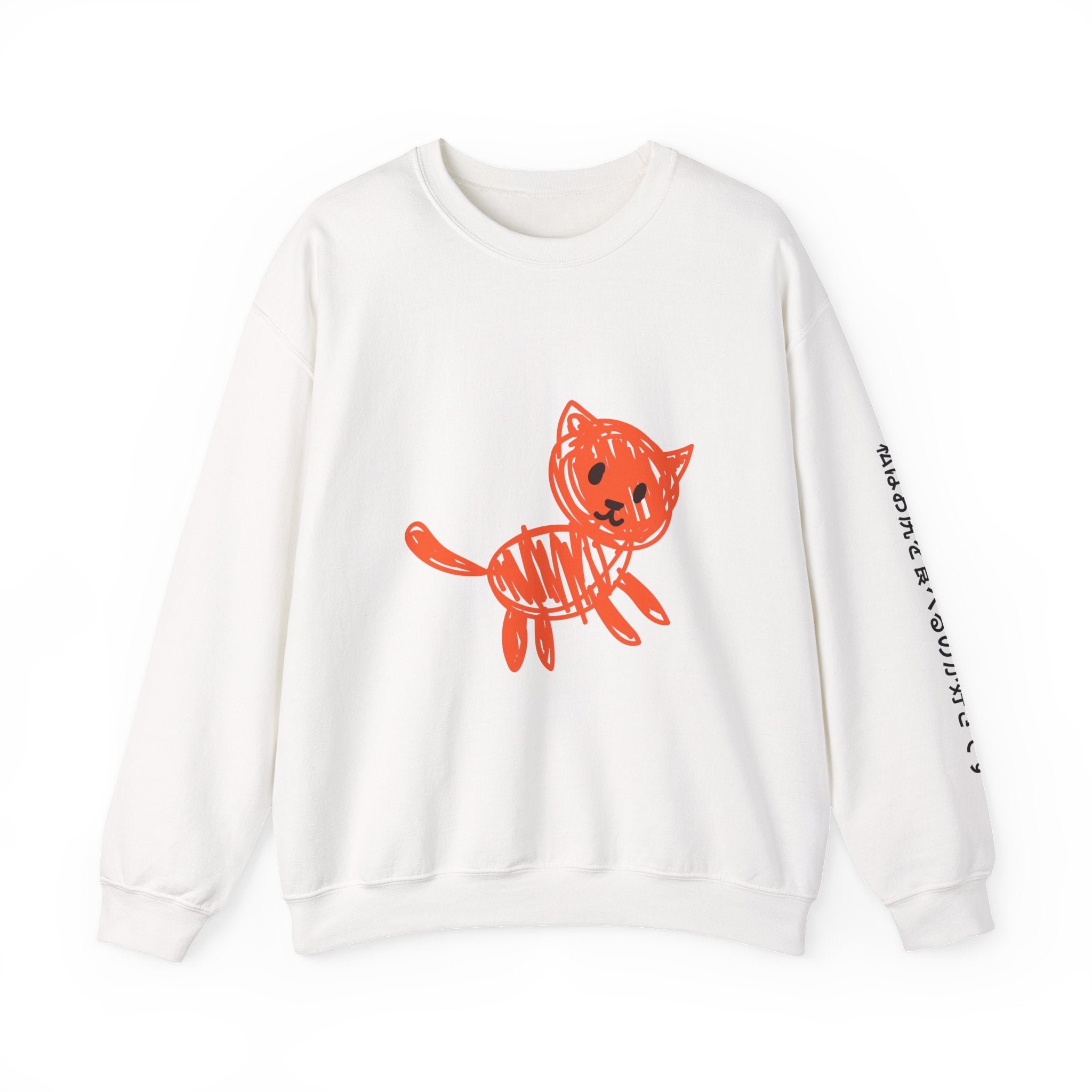 Crewneck Sweatshirt — Playful Orange Doodle Cat Graphic with Sleeve Text