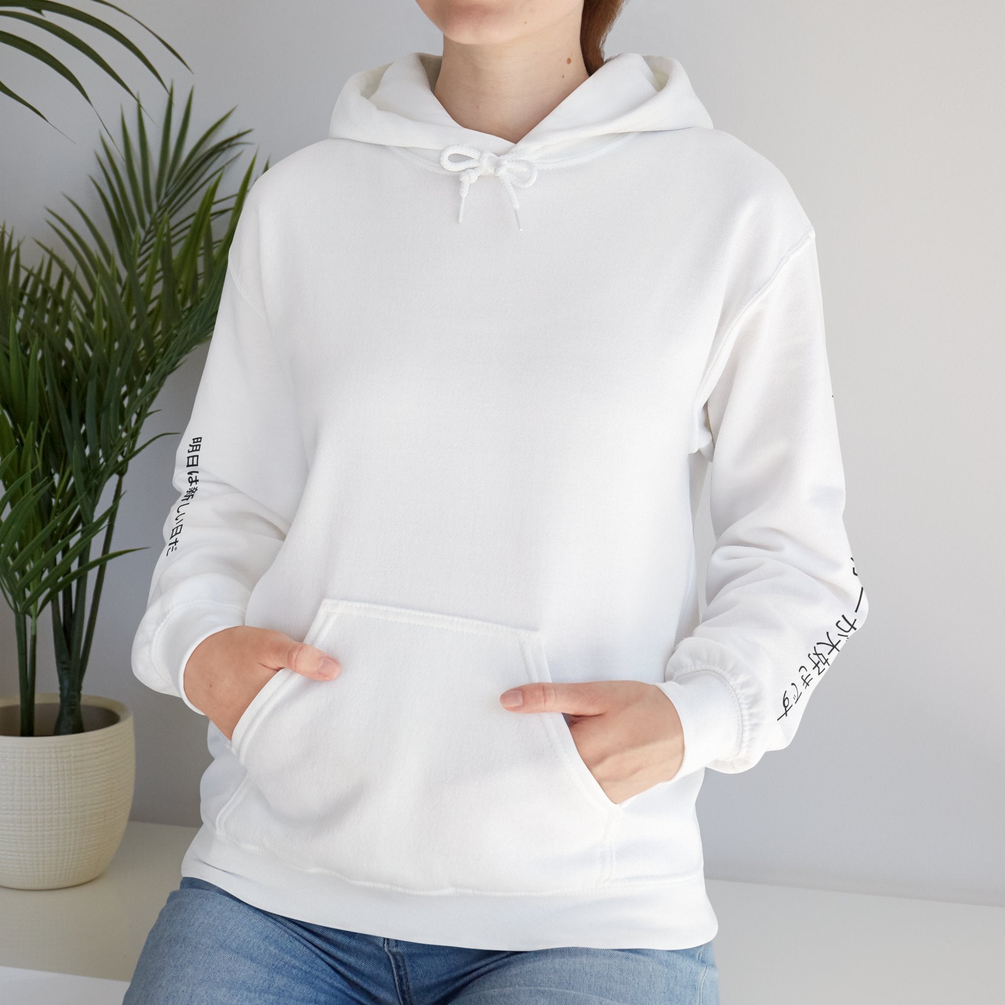 Cat Graphic Hoodie — Blue Cat Illustration with Japanese Sleeve Text