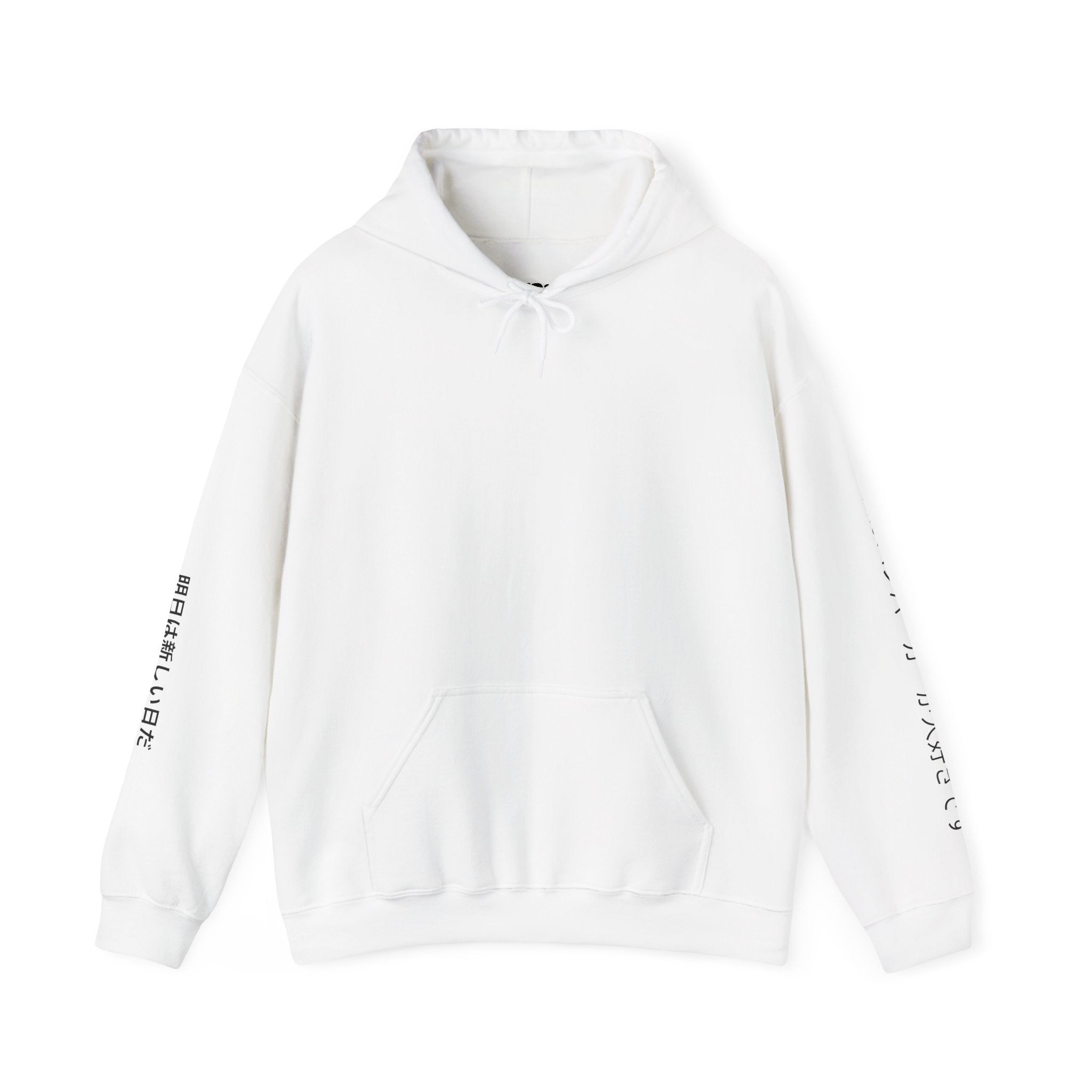 Cat Graphic Hoodie — Blue Cat Illustration with Japanese Sleeve Text