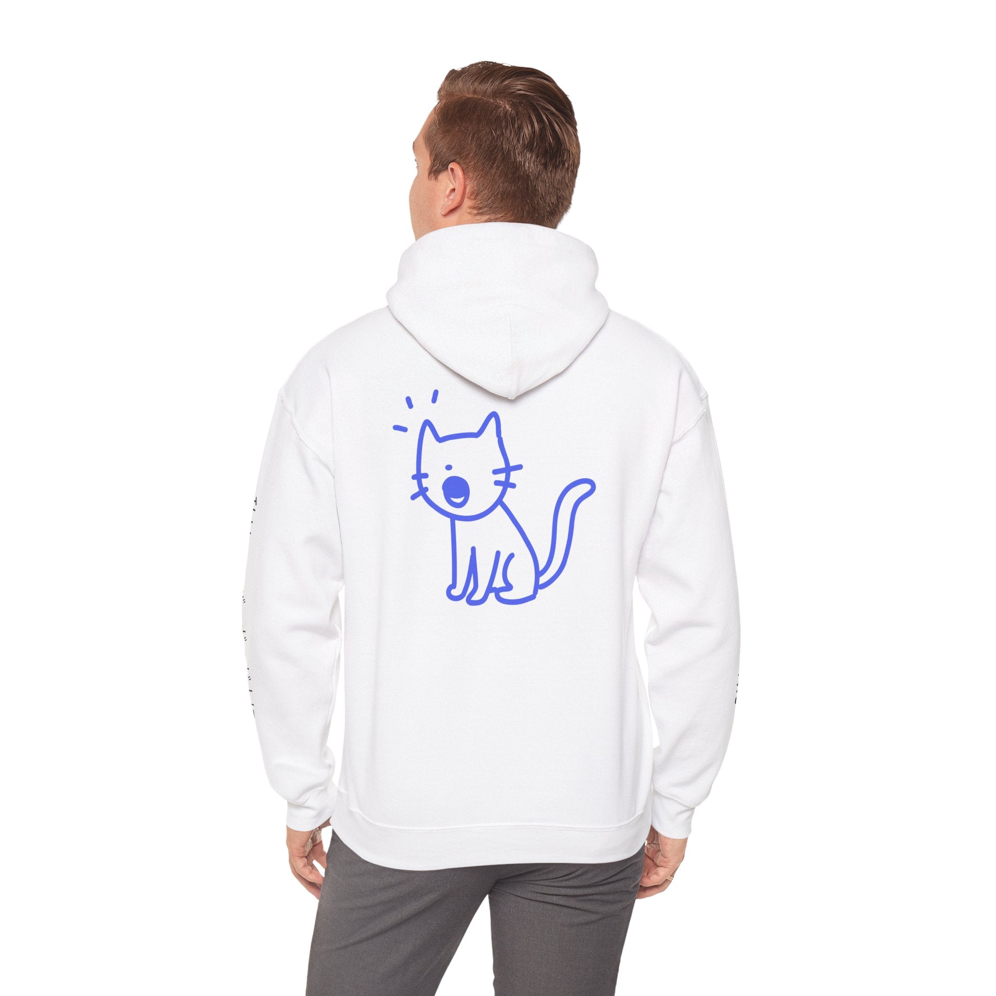 Cat Graphic Hoodie — Blue Cat Illustration with Japanese Sleeve Text