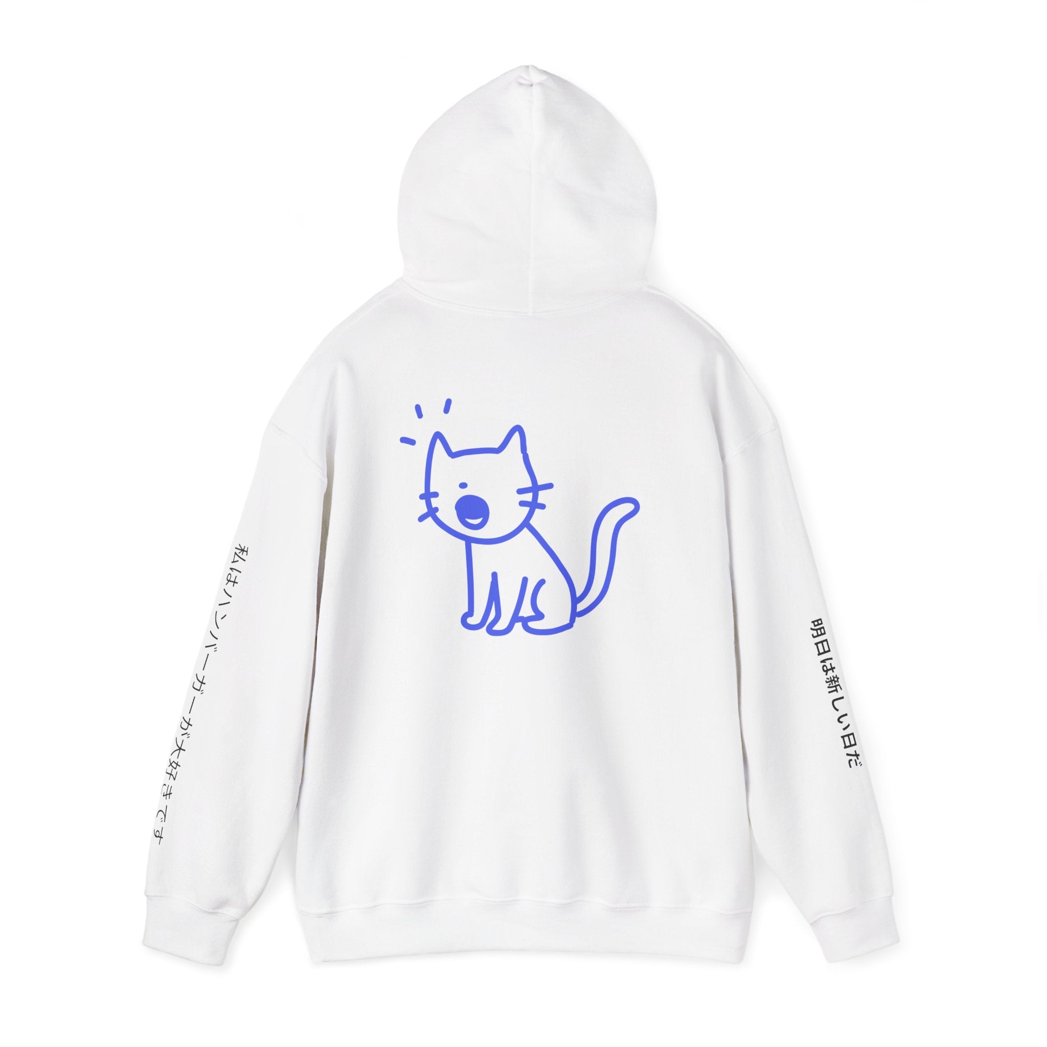 Cat Graphic Hoodie — Blue Cat Illustration with Japanese Sleeve Text