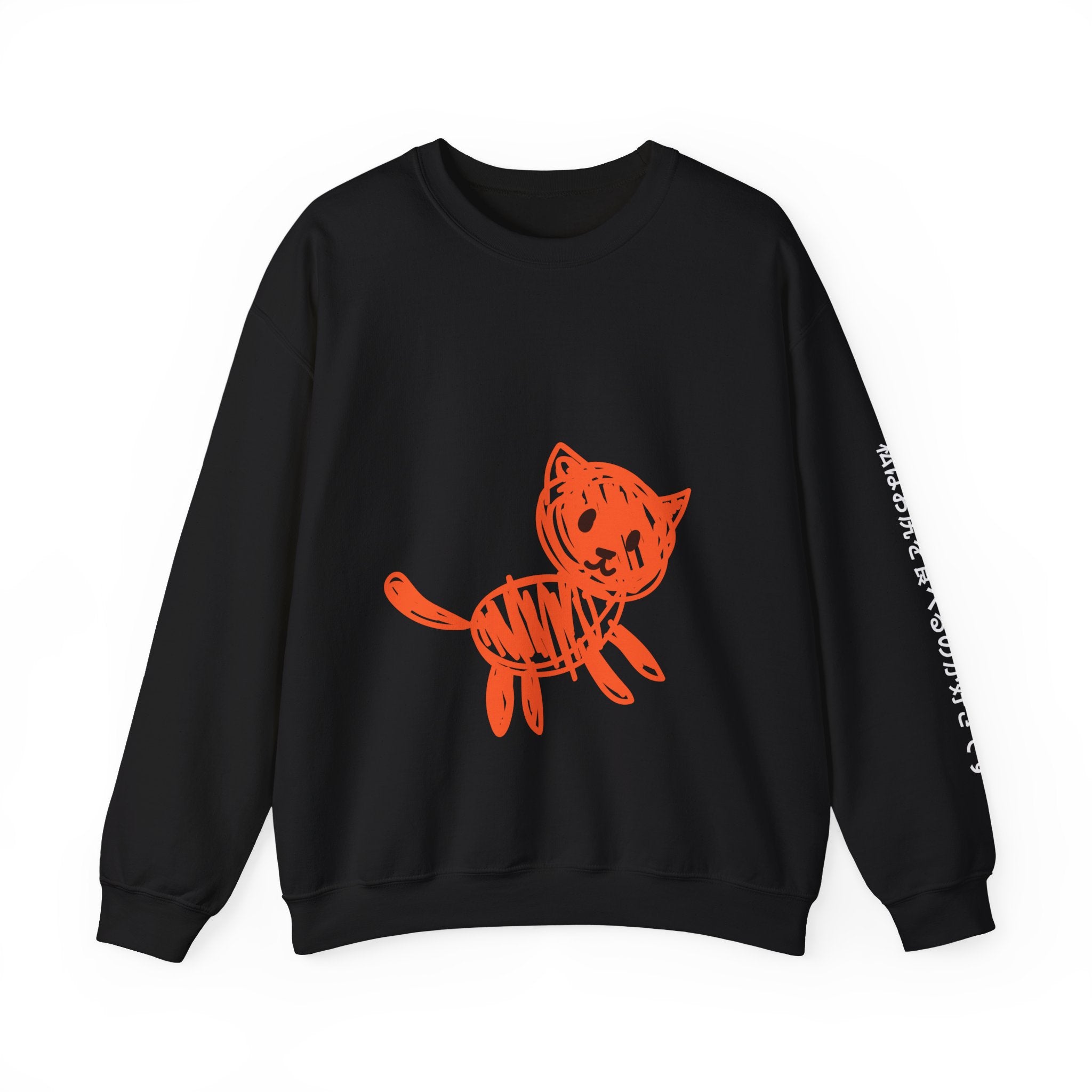 Crewneck Sweatshirt — Playful Orange Doodle Cat Graphic with Sleeve Text