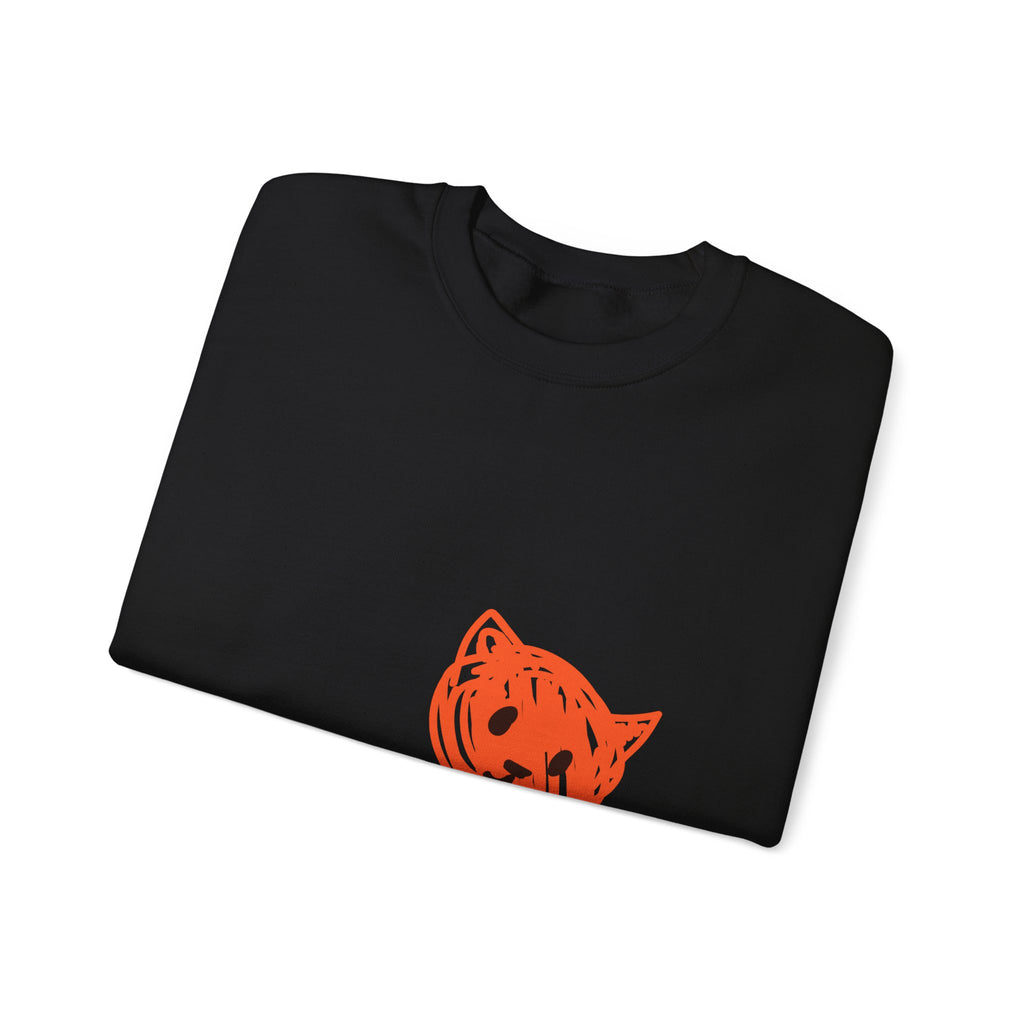 Crewneck Sweatshirt — Playful Orange Doodle Cat Graphic with Sleeve Text