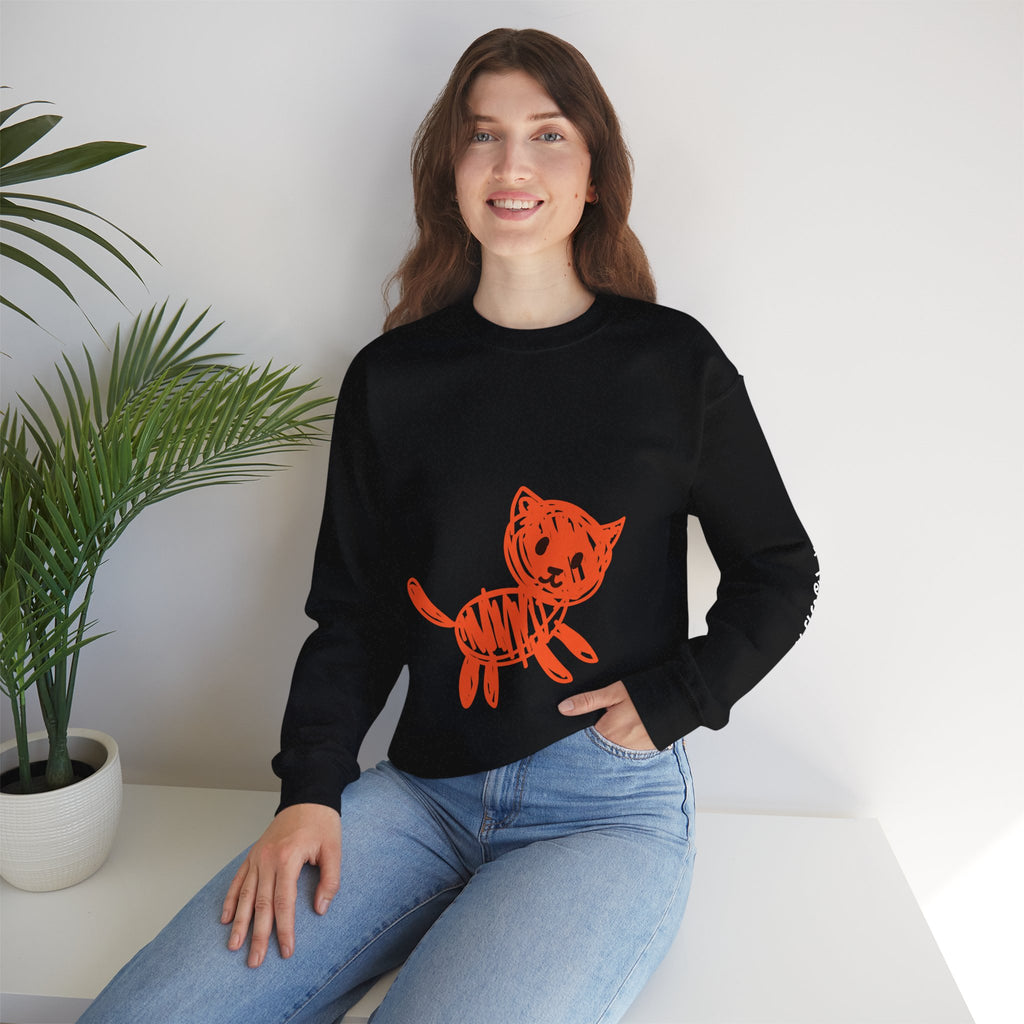 Crewneck Sweatshirt — Playful Orange Doodle Cat Graphic with Sleeve Text